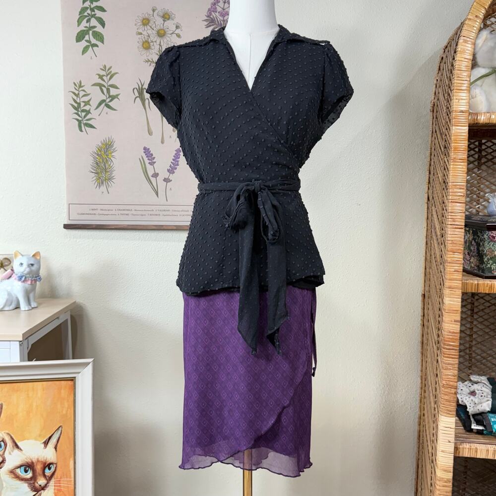 Y2k Silk Blend Swiss Dot Wrap Top Gothabilly Rockabilly Dark Coquette Twee S M 8